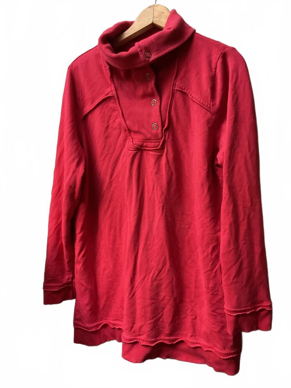 Soft Surroundings Red Sweatshirt Tunic Long Sleeve Pullover Top Button Cowl XL